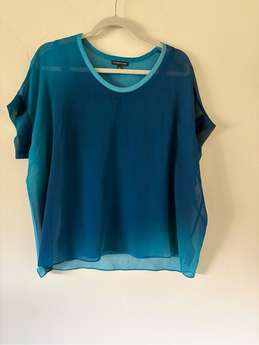 Eileen Fisher Teal to Aqua Gradient Short Sleeve Silk Chiffon Top